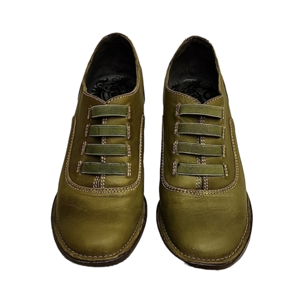 GROUNDHOG PORTUGAL Olive Leather Wedge Booties 7 37 Artsy Oxford Boots Slip On - Picture 3 of 16